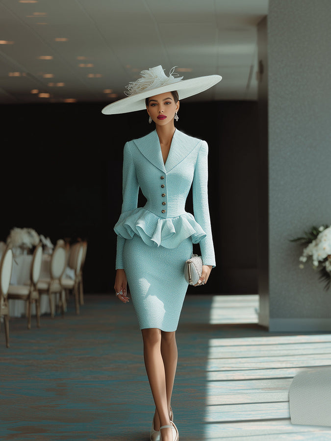 Chic Ensemble en Tweed Bleu : Haut et Jupe Élégants
