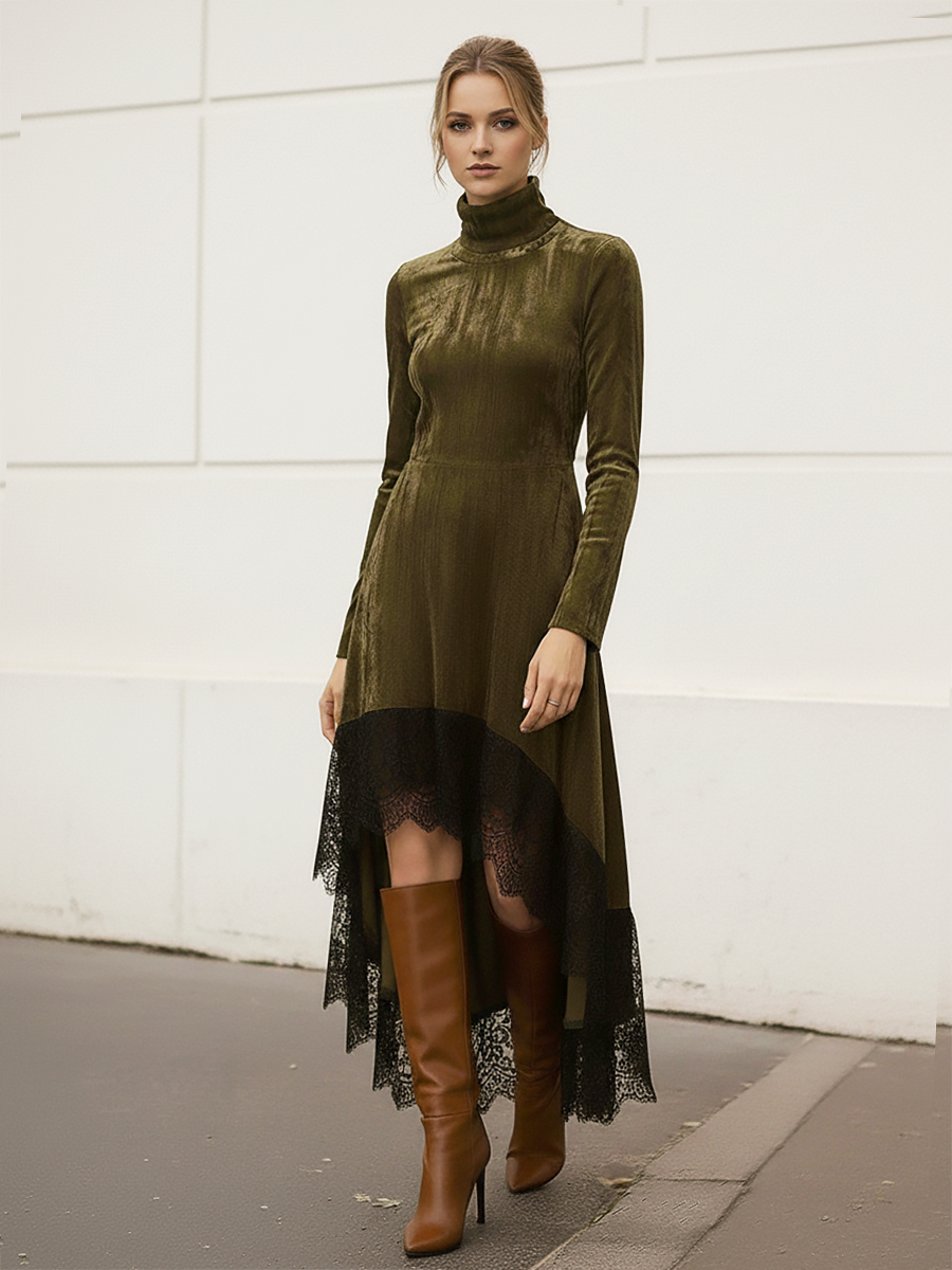 Robe Vintage en Velours Élégante avec Col Montant, Manches Longues et Ourlet en Dentelle