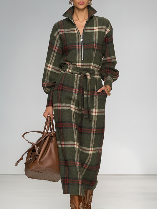 Robe Vintage à Carreaux avec Col Zippé et Manches Longues