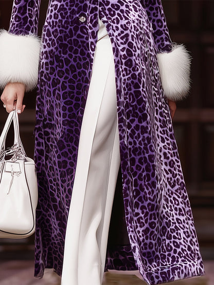 Long Velvet Leopard Print Coat in Purple with Luxe Faux Fur