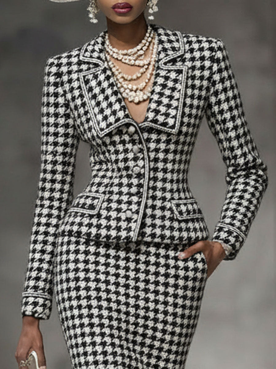 Chic Ensemble Blazer et Jupe à Motif Carreaux Noir et Blanc