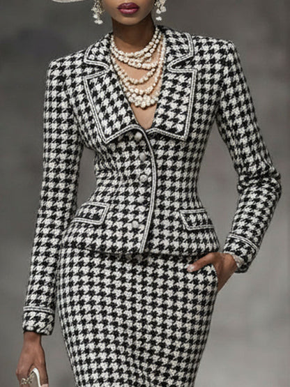 Chic Ensemble Blazer et Jupe à Motif Carreaux Noir et Blanc