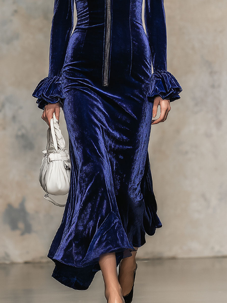 Robe Maxi en Velours avec Détails en Faux Cuir et Fente Élégante