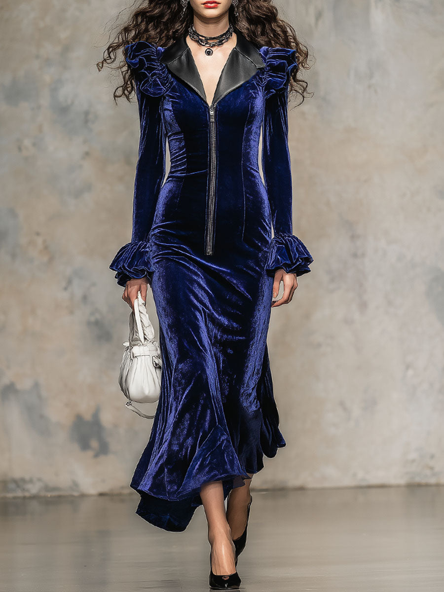 Robe Maxi en Velours Élégante avec Col en Cuir Synthétique et Fermeture Éclair Longue