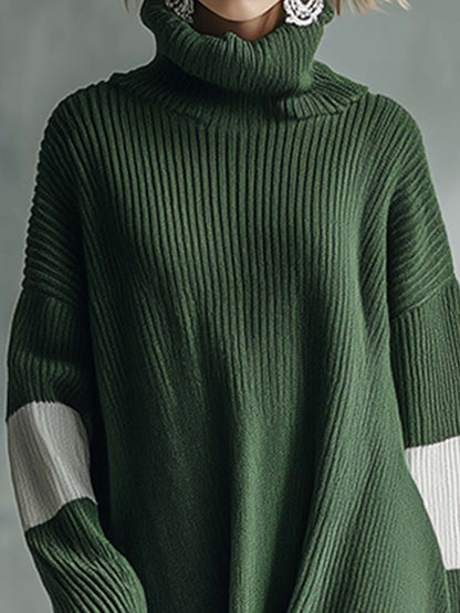 Robe Maxi Tricotée Élégante avec Col Montant Contrasté en Vert