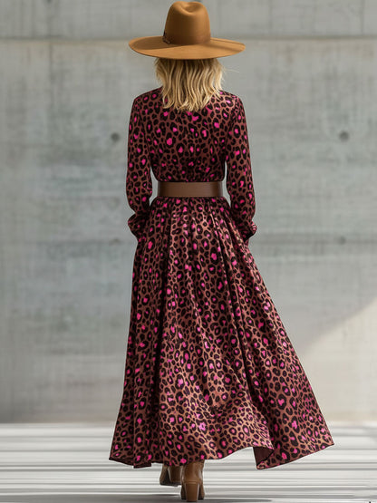 Robe Maxi en Velours Léopard Marron au Style Rétro