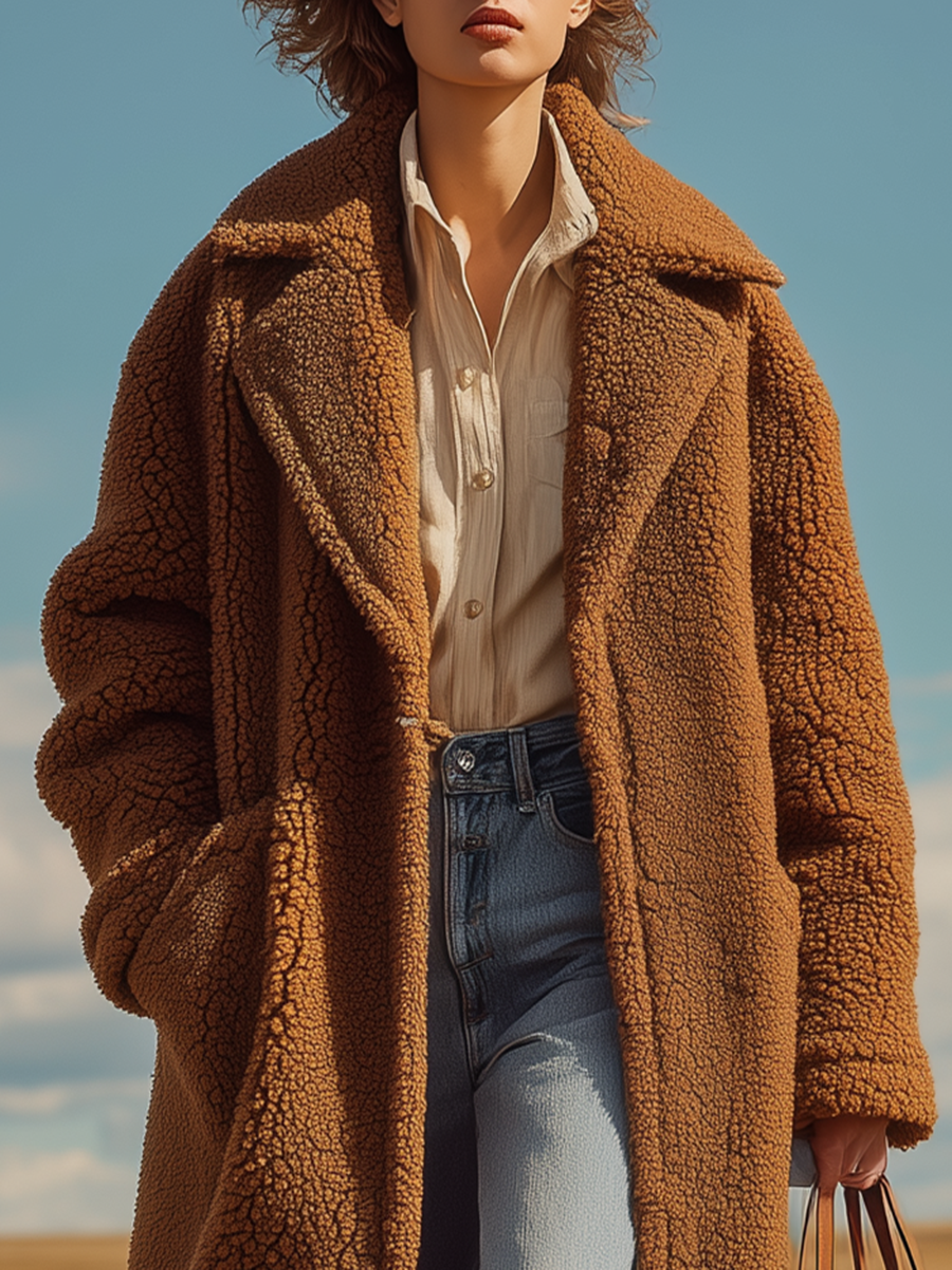 Veste Longue en Sherpa avec Col Oversized - Élégance Rétro Unie
