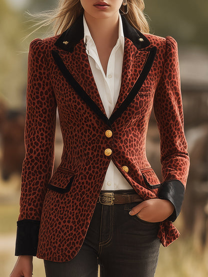 Veste en Velours Marron avec Imprimé Léopard au Style Western Rétro