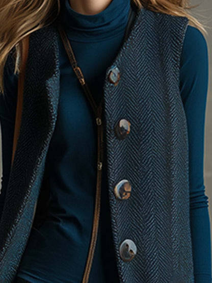 Élégant Gilet Long en Herringbone Bleu Vintage