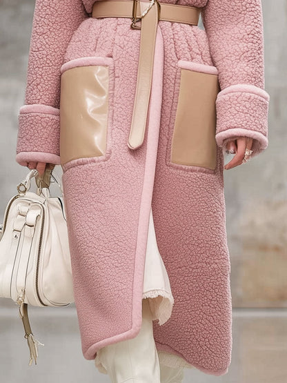 Veste mi-longue en polaire rose vintage avec revers en simili cuir