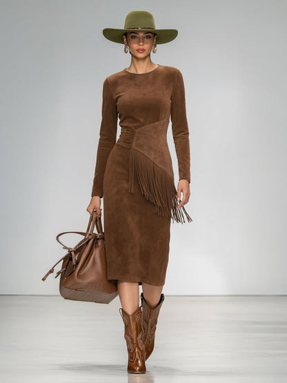 Robe Vintage à Col Ronde en Suède Synthétique avec Franges - Manches Longues