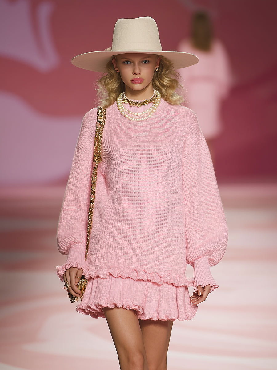 Robe Mini Tricotée Rose : Élégance Romantique avec Ourlet Flottant