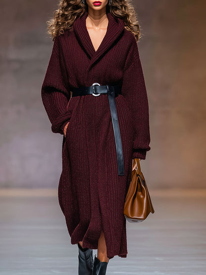 Veste Tricotée à Capuche avec Ceinture et Coupe Légèrement Ample