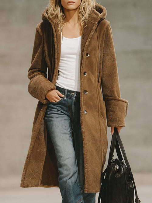 Veste Polaire à Capuche avec Poches Doubles et Boutonnage Élégant