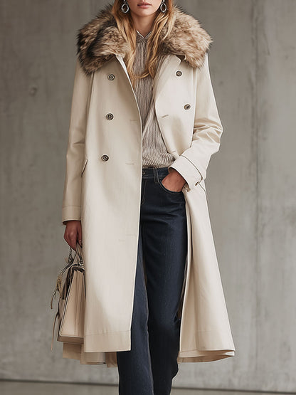 Trench mi-long crème avec col en fourrure luxe