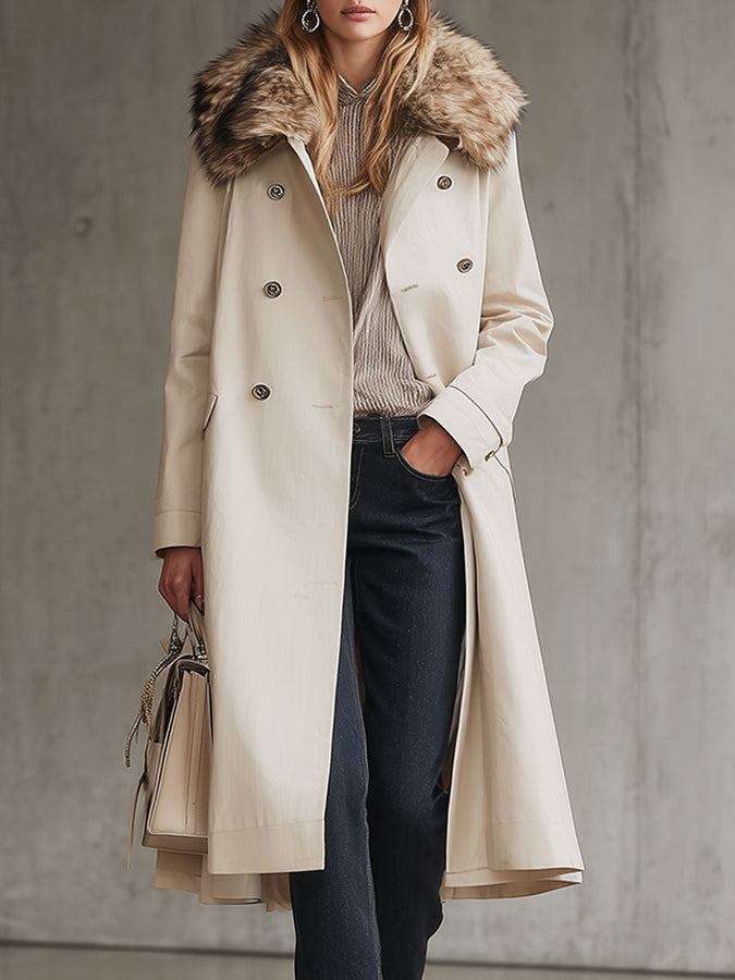 Trench mi-long crème avec col en fourrure luxe
