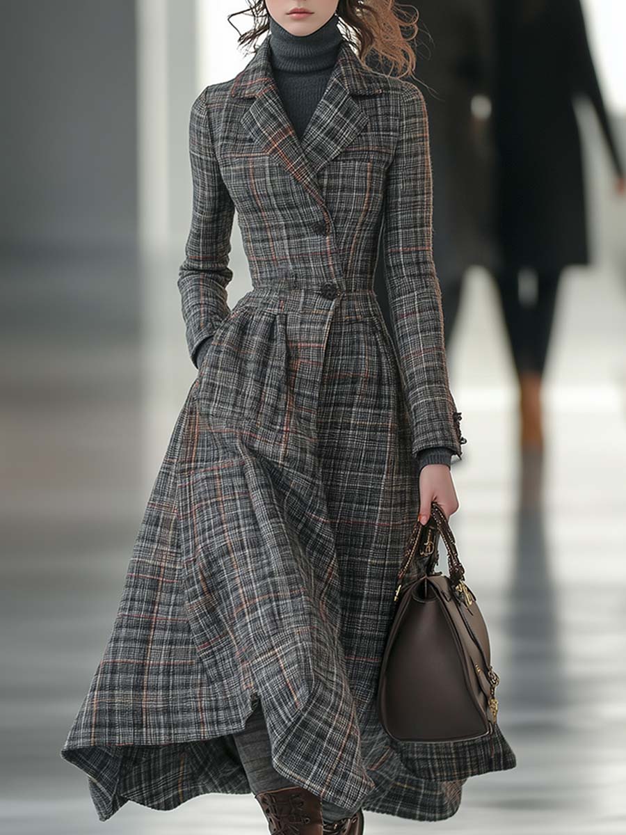 Chic Manteau en Laine à Carreaux Grisés au Style Rétro avec Revers