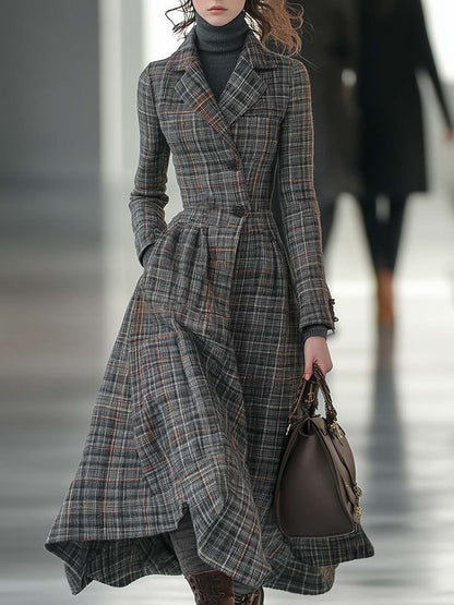 Élégant Manteau Rétro en Laine Grise à Carreaux avec Revers