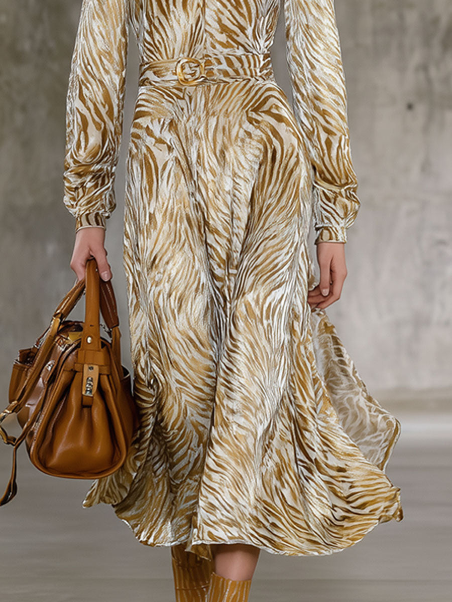 Robe Midi en Velours Champagne Doré à Motif Zèbre Rétro avec Manches Longues