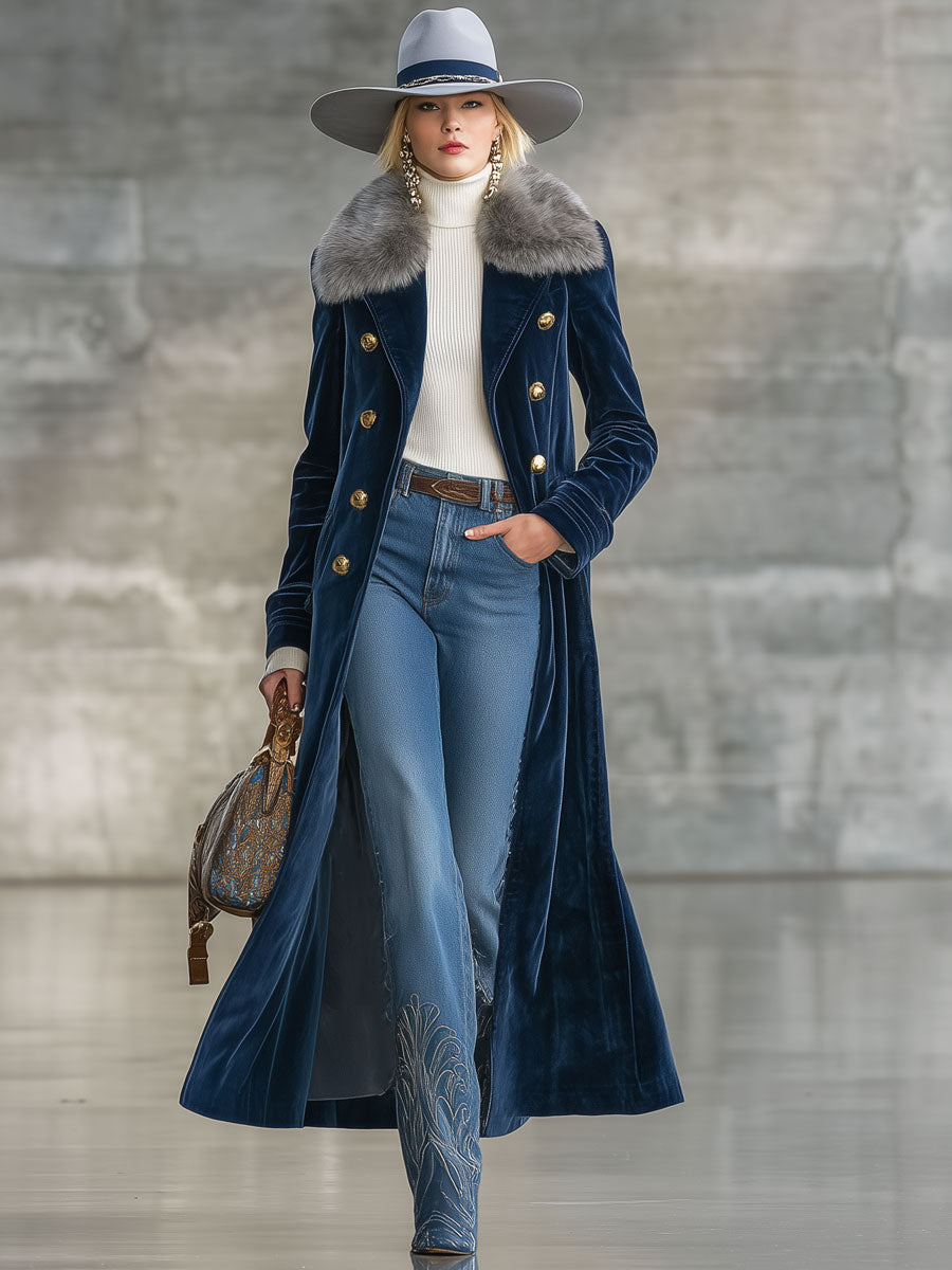 Long Velvet Navy Coat with Retro Fur Collar