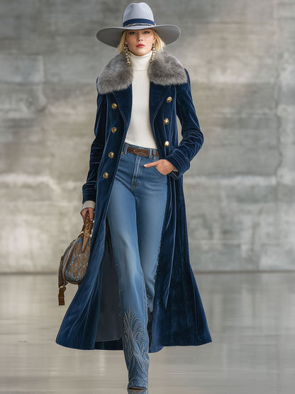 Longue Manteau en Velours Bleu Marine avec Col en Fourrure Vintage