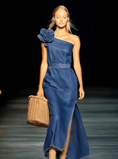 Robe Maxi en Jean Élégante sans Épaules avec Fleurs 3D - Expédition Rapide en 24 Heures!