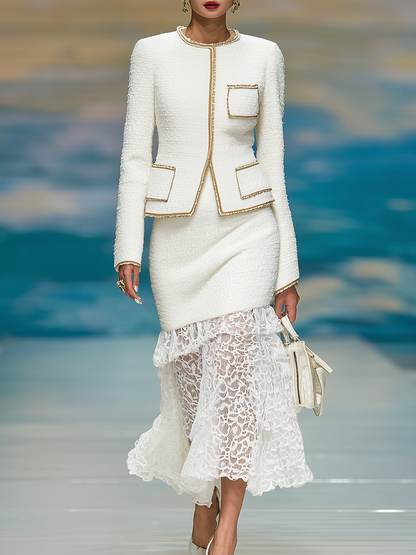 Ensemble Élégant en Tweed : Veste à Col Rond et Jupe à Bord Contrastant