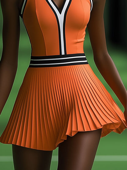 Robe Mini Plissée Orange Sans Manches avec Détails Noirs et Blancs - Expédition en 24 Heures