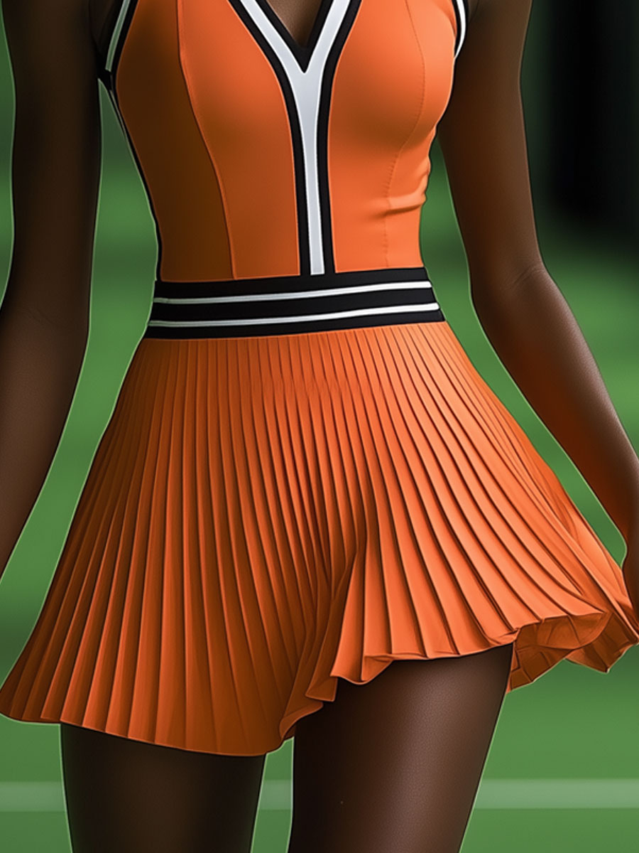 Robe Mini Plissée Sans Manches Orange à Rayures Noires et Blanches - Expédition Rapide en 24 Heures!
