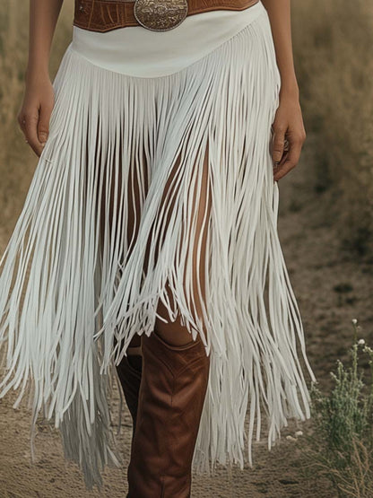 Jupe en Suède Blanc à Franges avec Ceinture Marron - Livraison en 24 Heures, Style Rétro Premium