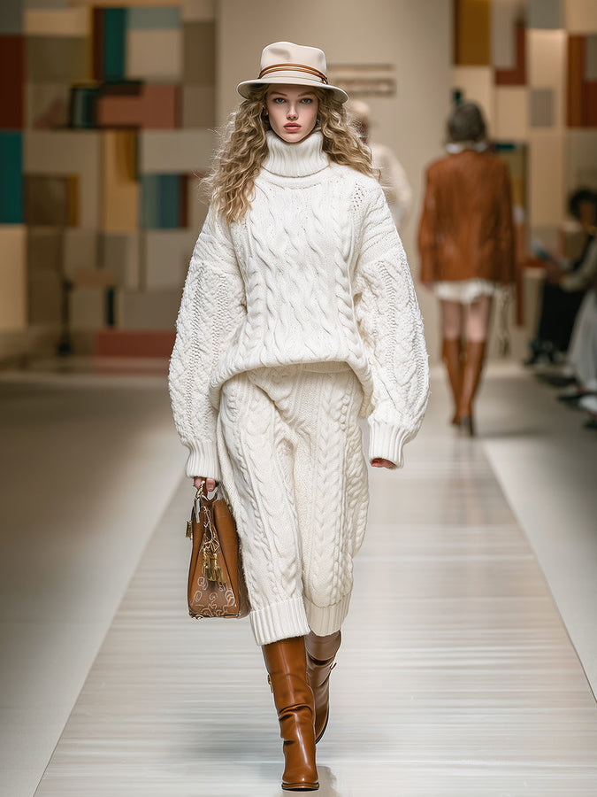 Ensemble Chic : Pull en Tricot Texturé Blanc et Pantalons Cropped Élégants