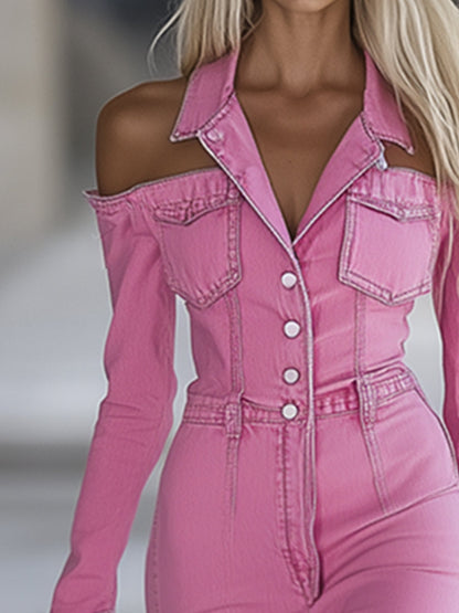 Combinaison en denim rose tendance, personnalisable, avec col décolleté et manches longues évasées