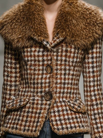 Veste Courte à Motif Carreaux Marron avec Doublure Douce en Fourrure