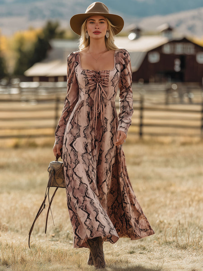 Robe Maxi Velours Rose à Imprimé Serpent - Style Rétro Occidental avec Manches Longues et Détails Lacés