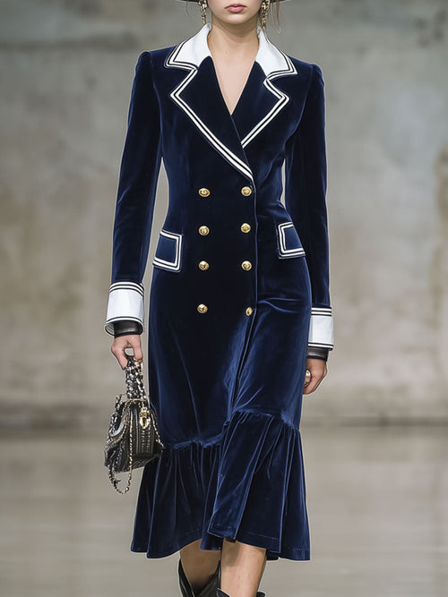 Robe Midi en Velours Marine à Volants avec Détails Écrus