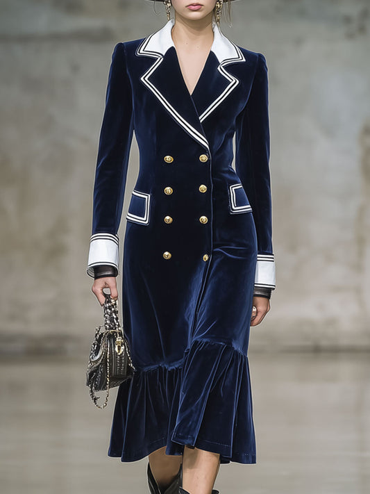 Robe Midi en Velours Marine à Volants avec Détails Écrus