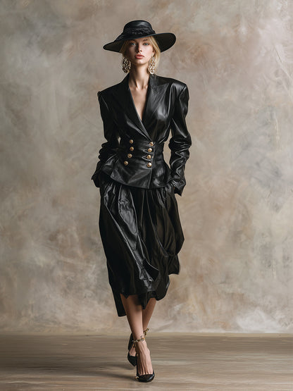 Ensemble Chic en Simili Cuir Noir : Jupe à Épaules Larges au Style Rétro