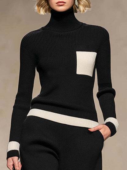 Chic Knit Set: Contrast Turtleneck Sweater & Wide-Leg Pants