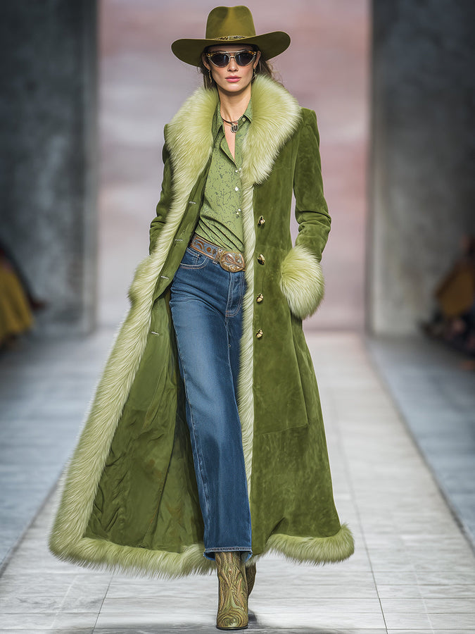 Veste Longue en Suédine Verte avec Éléments de Fourrure Vintage