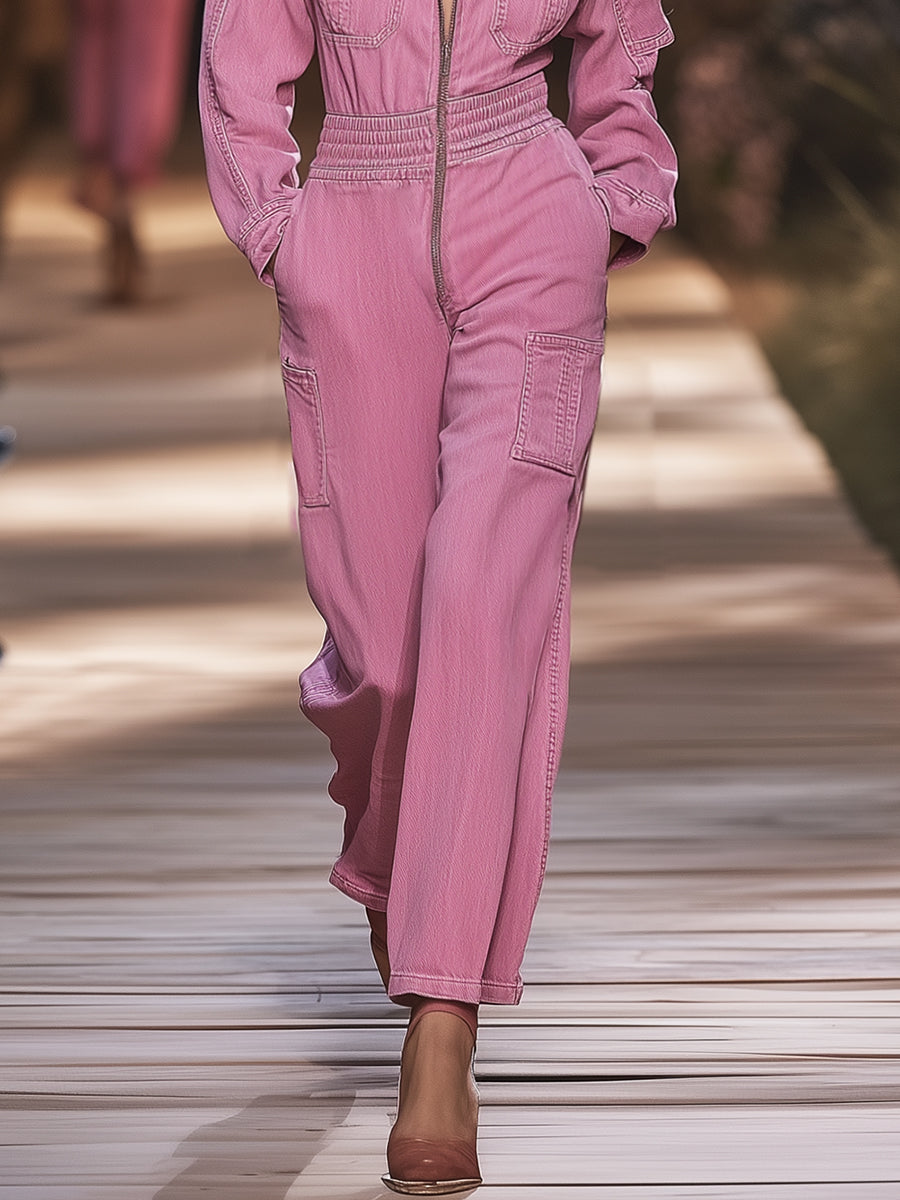 Salopette en Jean Rose Vintage à Poches Multiples et Fermeture Éclair