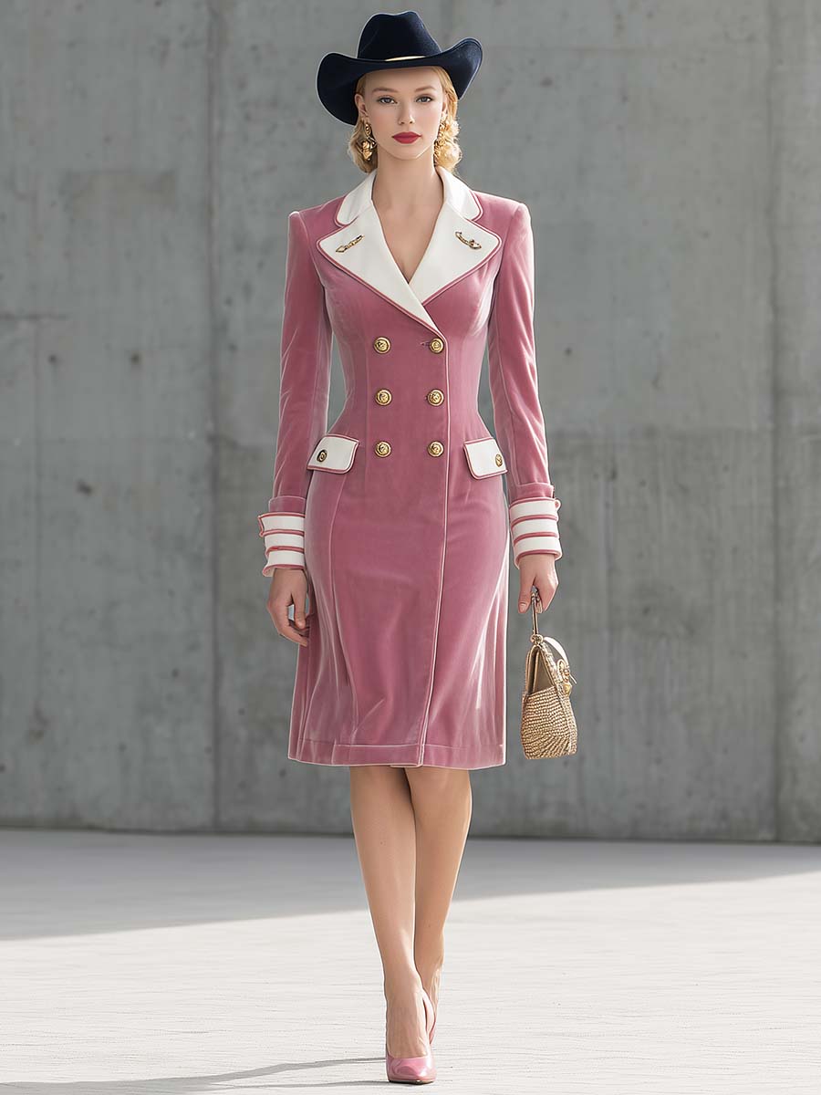 Élégante Robe Midi en Velours Rose Pâle à Double Boutonnage et Revers Contrastés - Vintage Chic