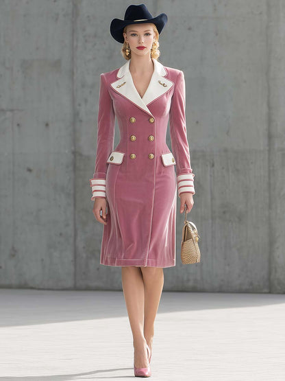 Élégante Robe Midi en Velours Rose Pâle à Double Boutonnage et Revers Contrastés - Vintage Chic