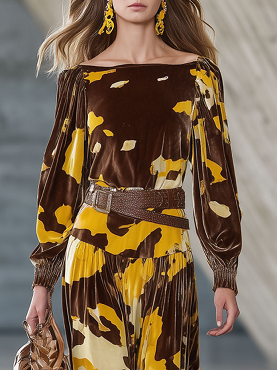 Robe Midi Longue en Velours Marron à Manches Longues avec Motif Vache Vintage