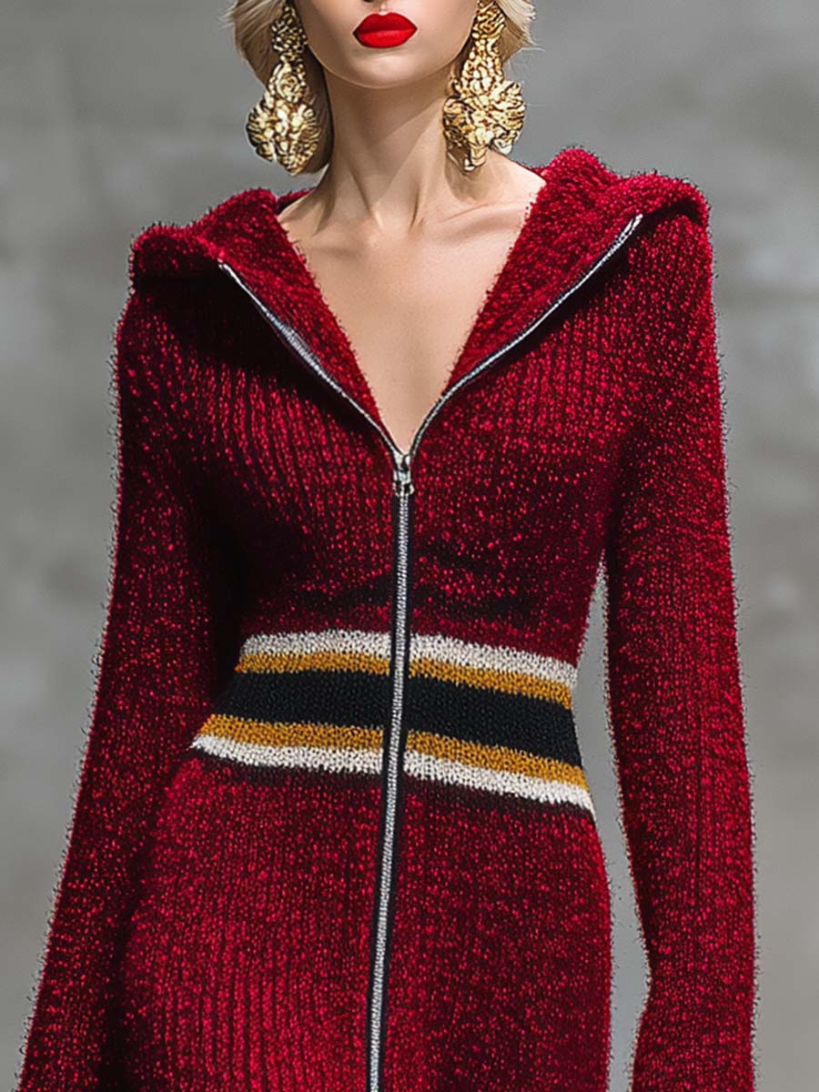 Robe Maxi Rouge Profond en Tricot avec Capuche et Fermeture Éclair