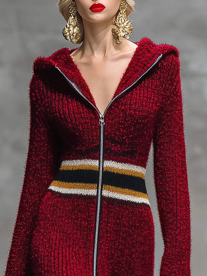 Robe Maxi Tricotée à Capuche avec Fermeture Éclair et Col en V - Rouge Profond