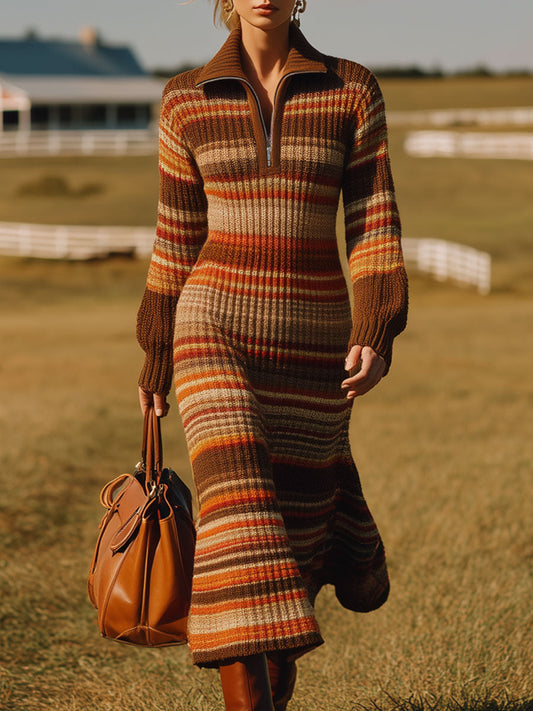 Robe Midi Tricotée à Rayures Rouge et Marron avec Demi-Fermeture Éclair