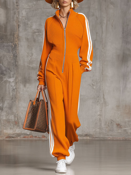 Combinaison Retro Orange à Zip et Décolleté en V