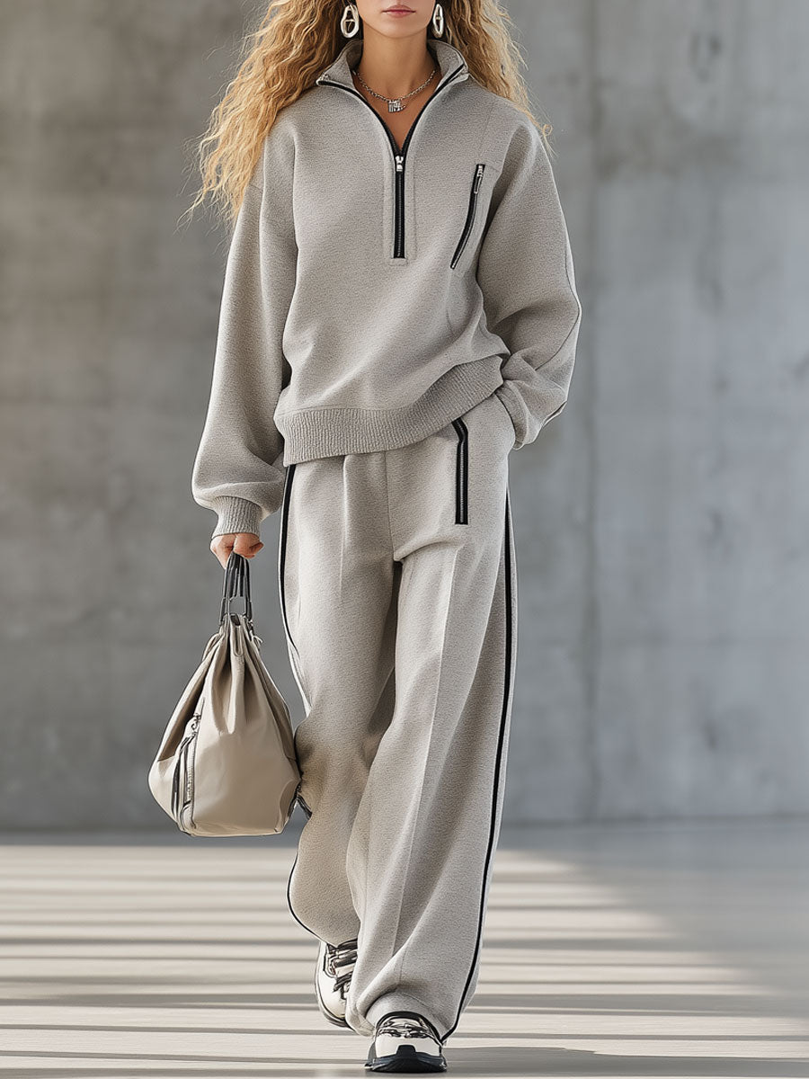 Ensemble Sportif à Zip - Sweatshirt et Pantalon en Gris Clair