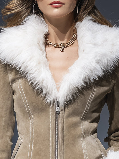 Veste zippée en faux suède kaki avec col en peluche rétro