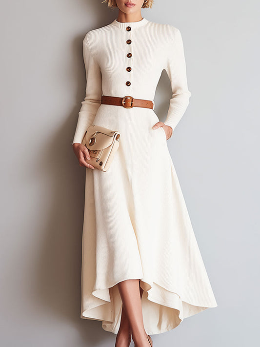 Robe Midi Beige Rétro à Boutons en Tricot - Style Ample et Élégant